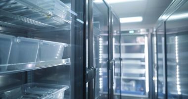 A refrigerator filled with various plastic containers organized neatly on its shelves.  