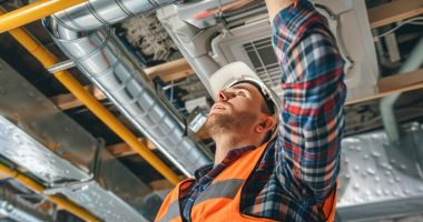 A man in an orange vest stands inspecting an air conditioner, showcasing his role in HVAC installation or service. 